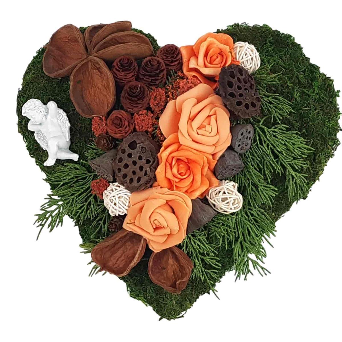 Moosherz orange Rosen mit Konifere Grabschmuck