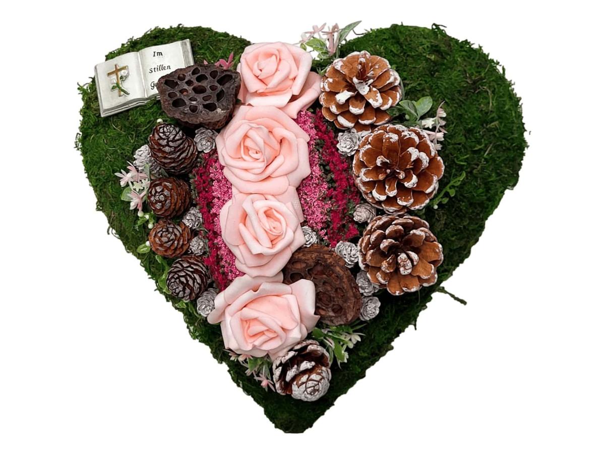 Grabschmuck Moosherz rosa mit Bibel