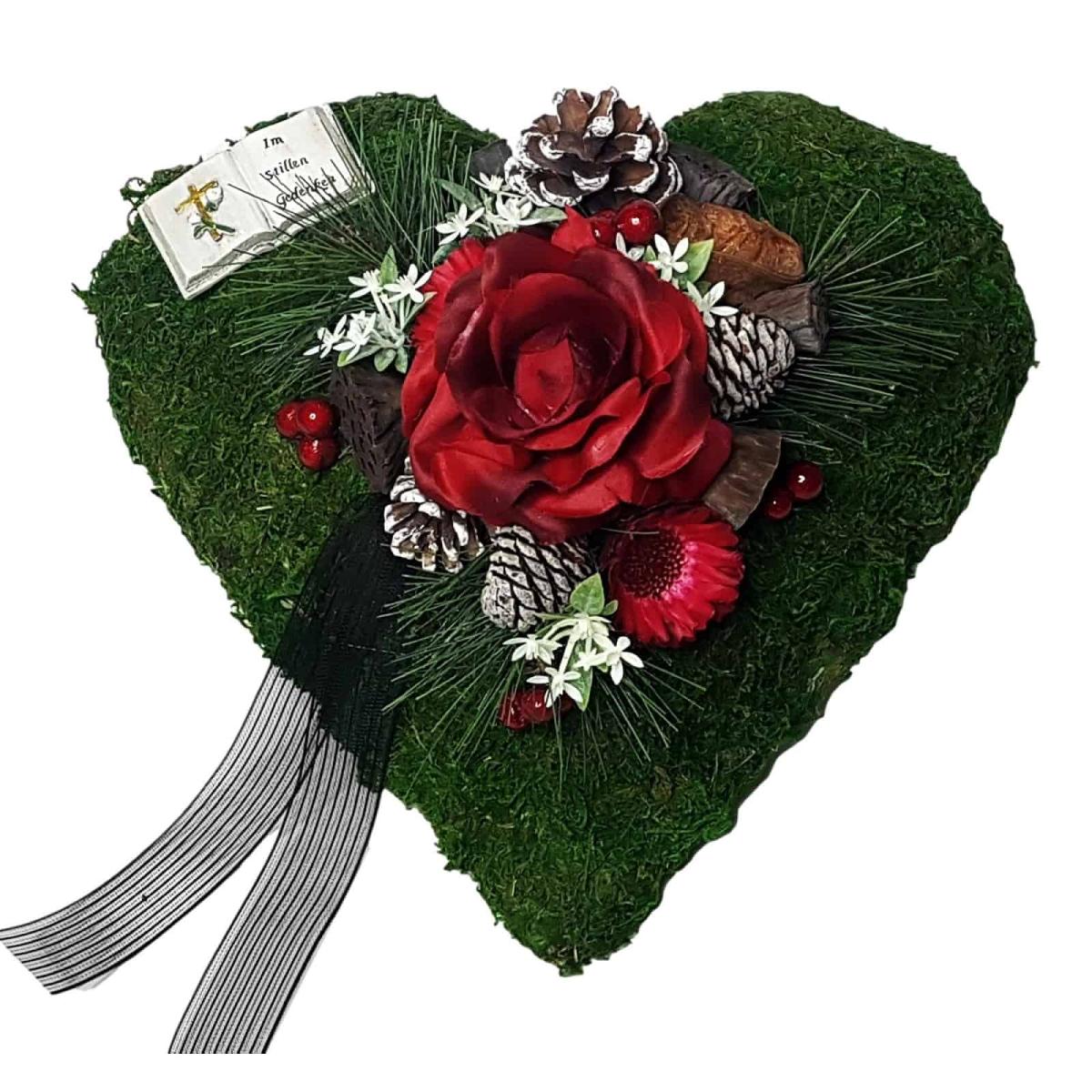 Grabschmuck Moosherz rote Rose kleine Bibel