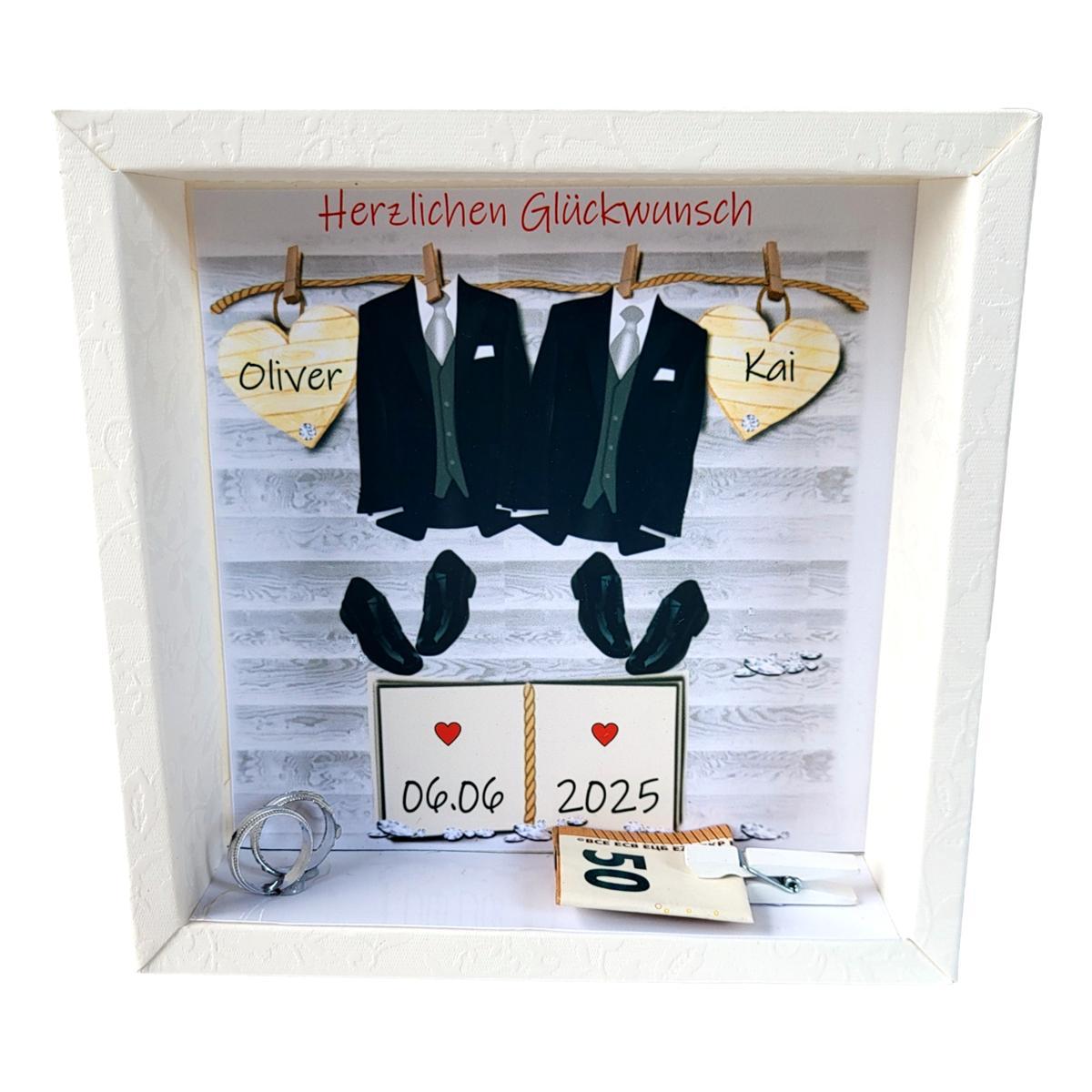 hochzeitsgeschenk Kartonage mit Bild von zwei schwarzen Anzügen und Lackschuhen.Mit Eheringen und Personalisierung