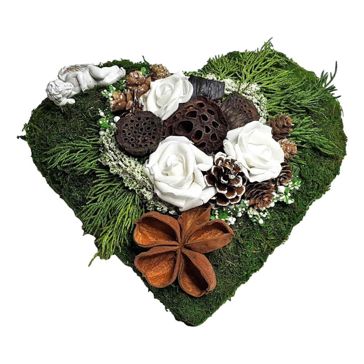 Moosherz weiße Rosen mit Konifere Grabschmuck
