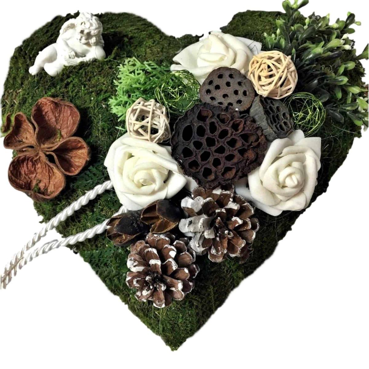 Grabschmuck Moosherz weiße Rosen, Rebkugeln und Drahtbälle